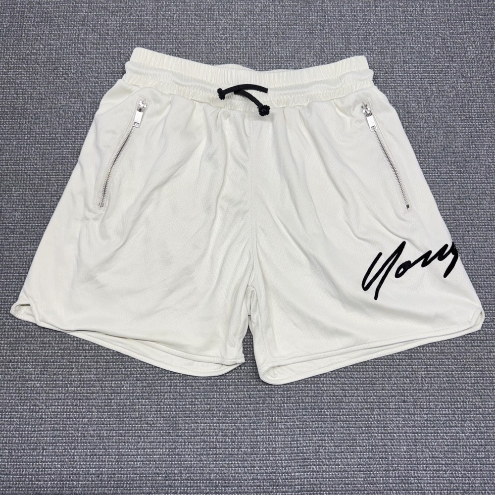 YoungLA Men's Gym Shorts Cream Off-White Script Logo Zipper Pockets Size Lare